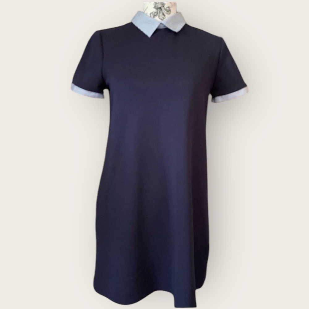 Zara collared navy mini dress size small white striped collar